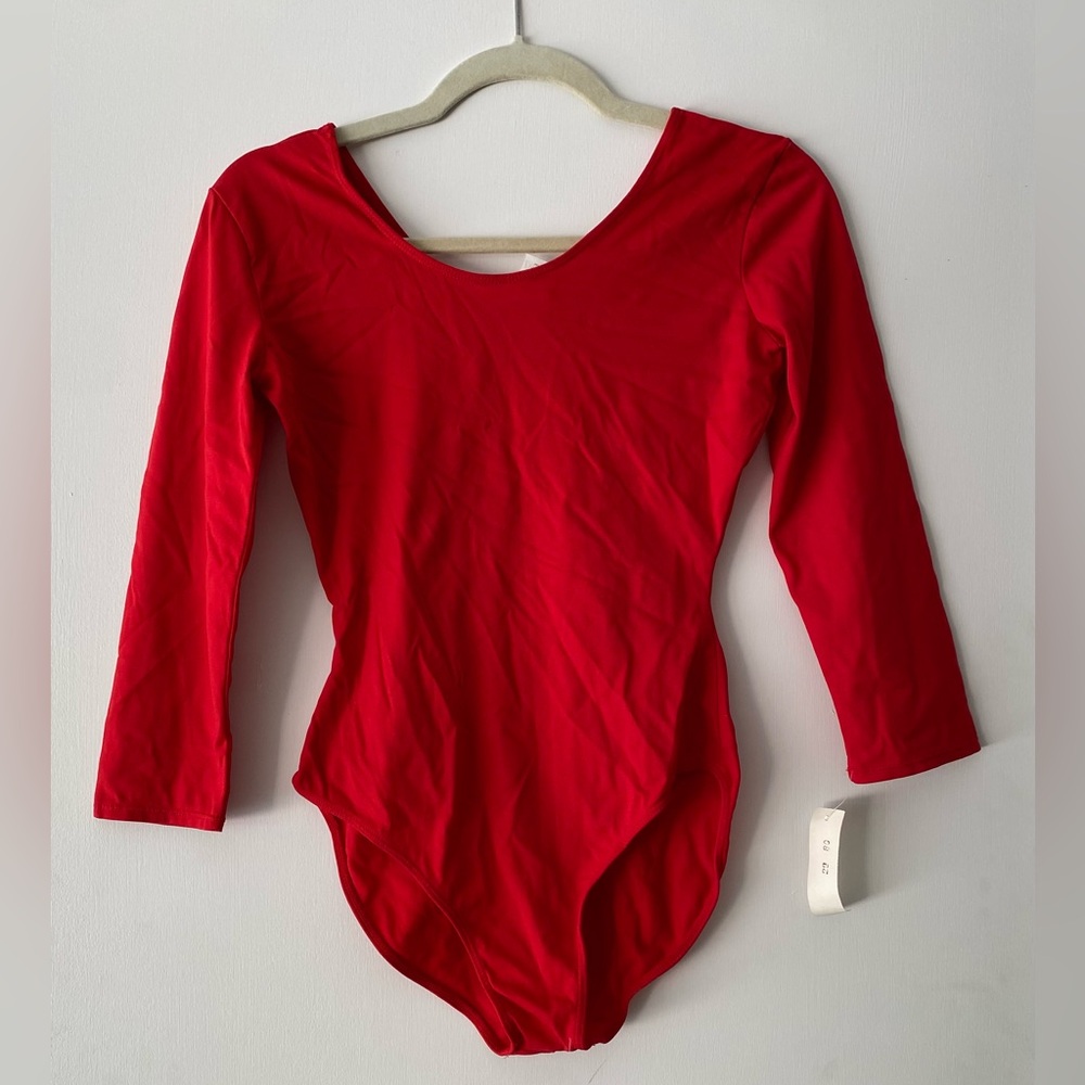Vintage NWT Danskin Long Sleeve Red Nylon Leotard Full Fashioned Scoop Neck